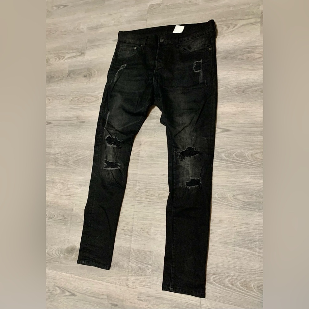 H&M &denim Mens Black Low Rise Distressed Button Fly Jeans Sz 34/32 - Picture 8 of 12